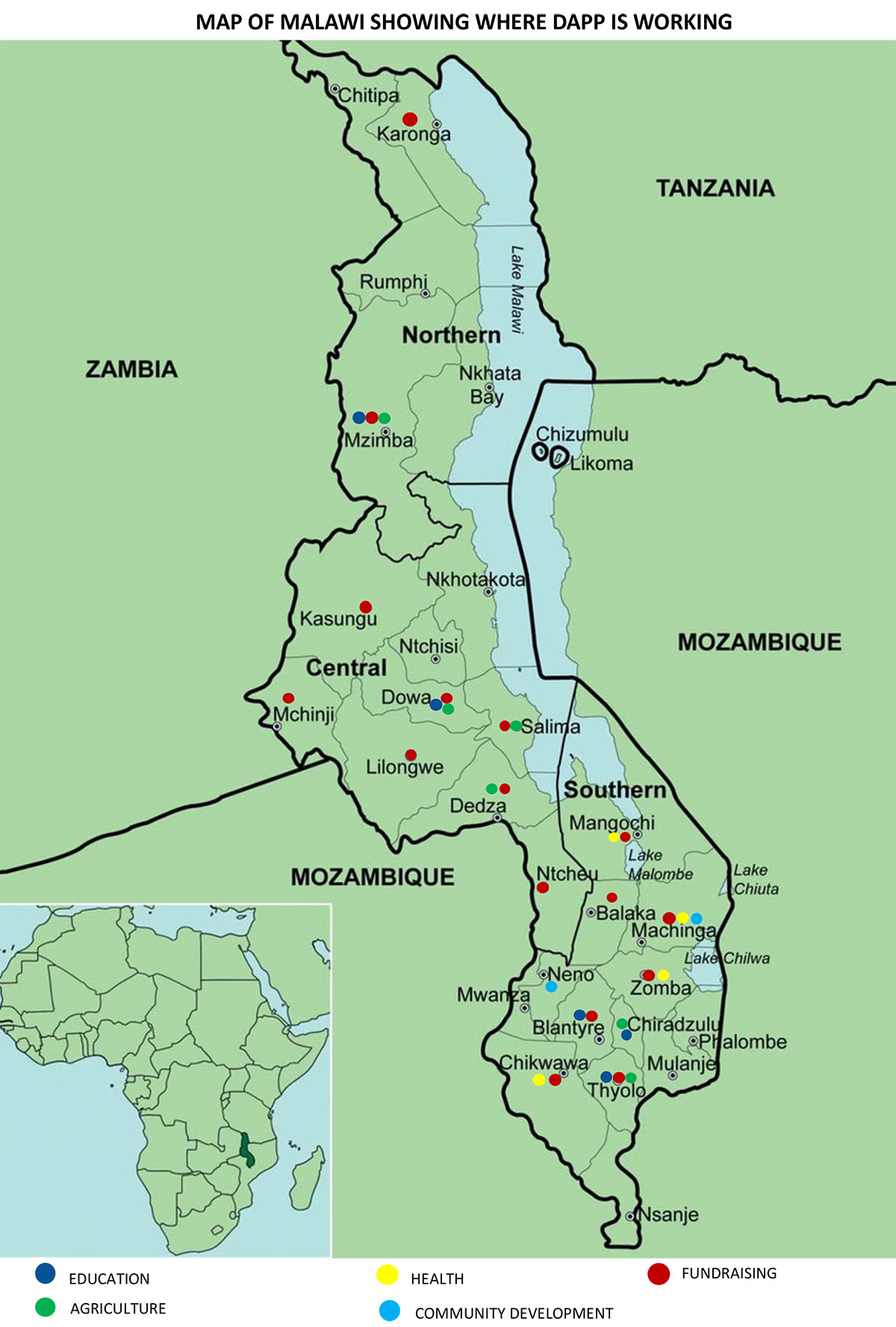 Map of Malawi showing DAPP projects